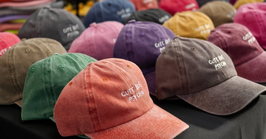 Close-up of colorful baseball caps with embroidered text at an outdoor market in England.